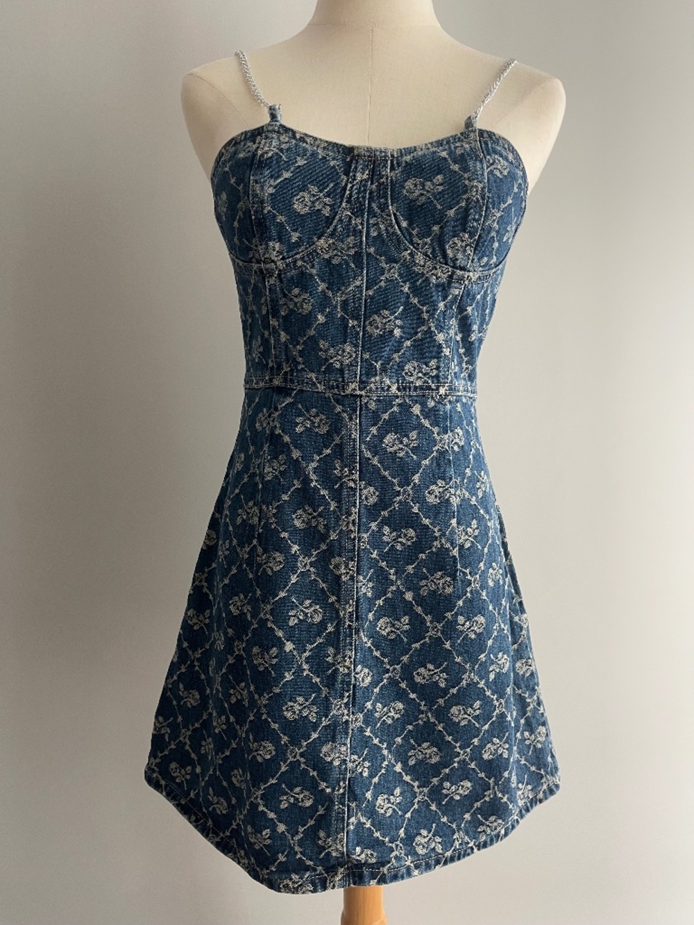 Cider Denim Mini Dress S Floral Print Chain Straps Corset Fit & Flare